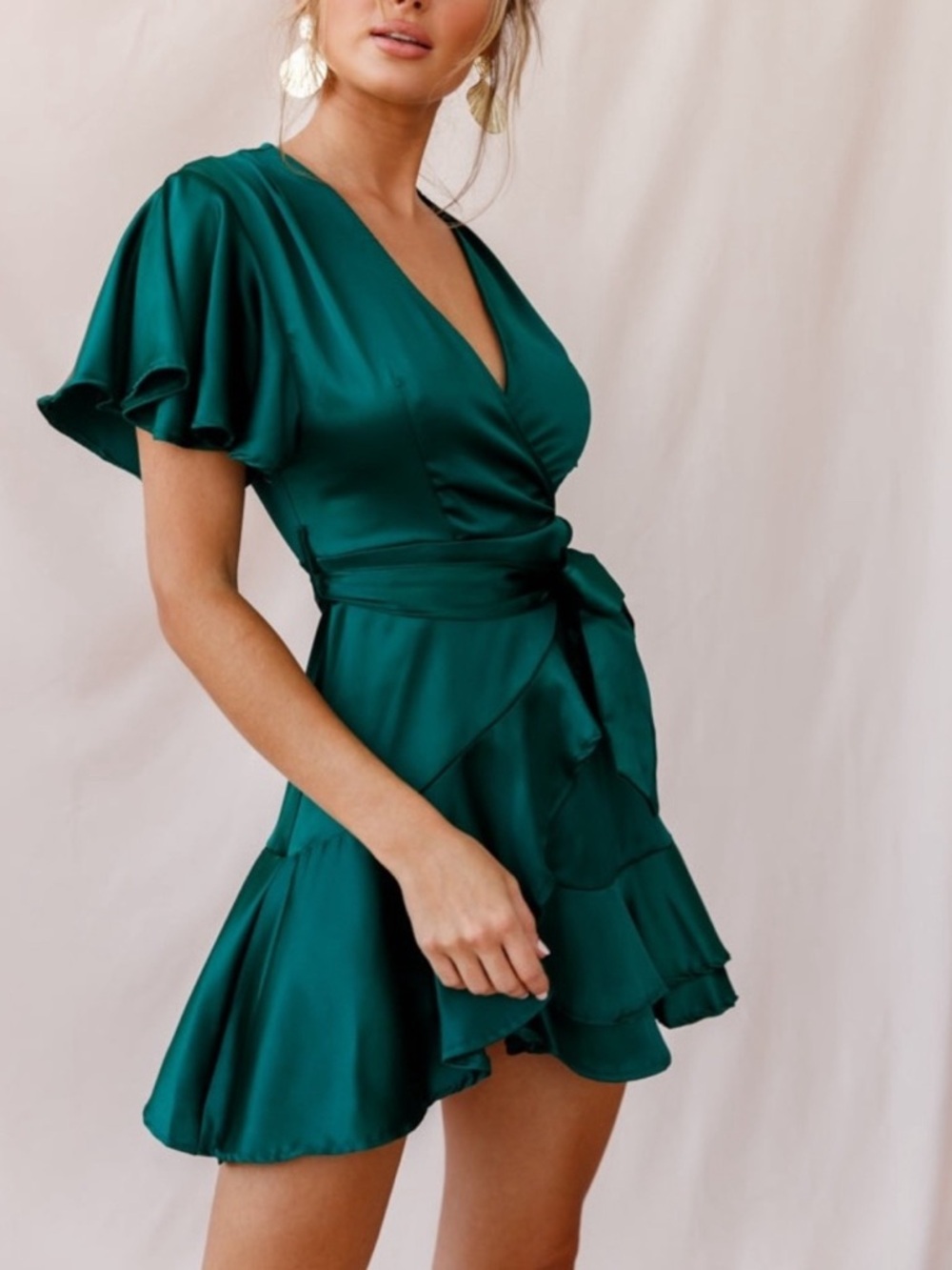 Satin Emerald Green Wrap Mini Dress with Side Tie